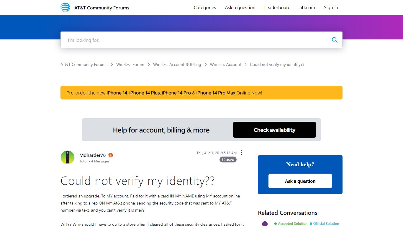 ‎Could not verify my identity?? | AT&T Community Forums